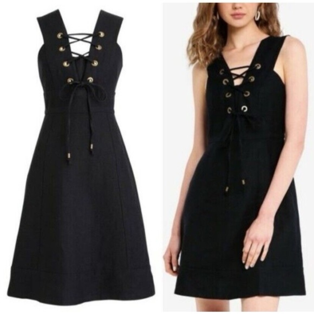 J crew lace up front resort wear vacation black Linen A-line mini dress sz 6